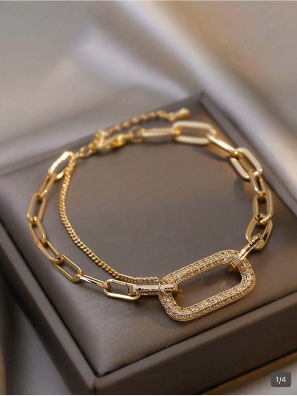 Gold Pavé Link Double Chain Bracelet with Crystal Accent